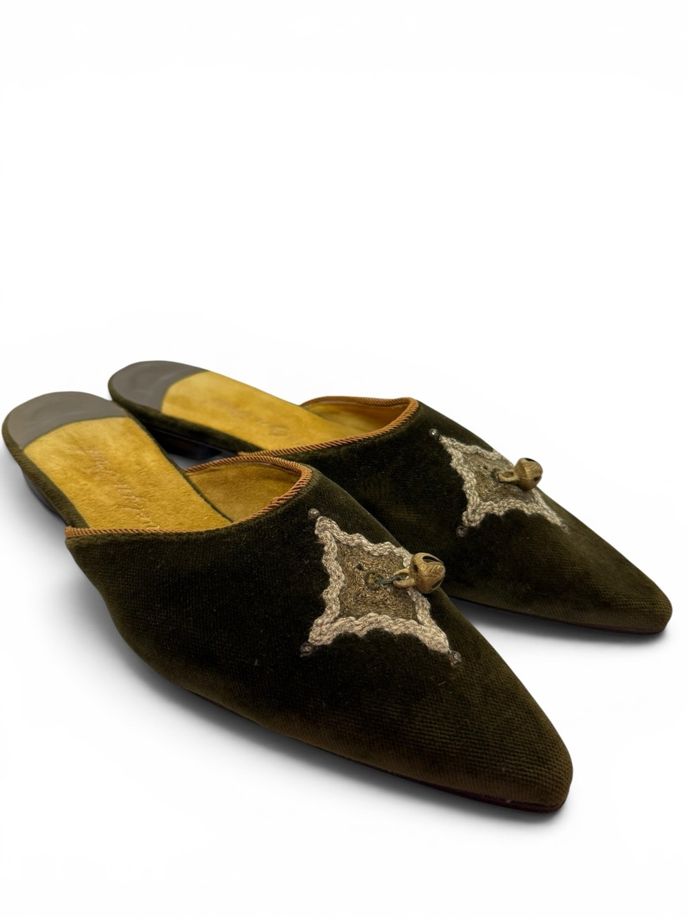 Vintage Handmade French Velvet Mule Slippers Olive Green Bells Size 7